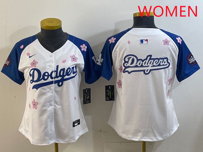 Women Los Angeles Dodgers Blank White Blue Sakura Edition 2025 Nike MLB Jersey style 13->women mlb jersey->Women Jersey